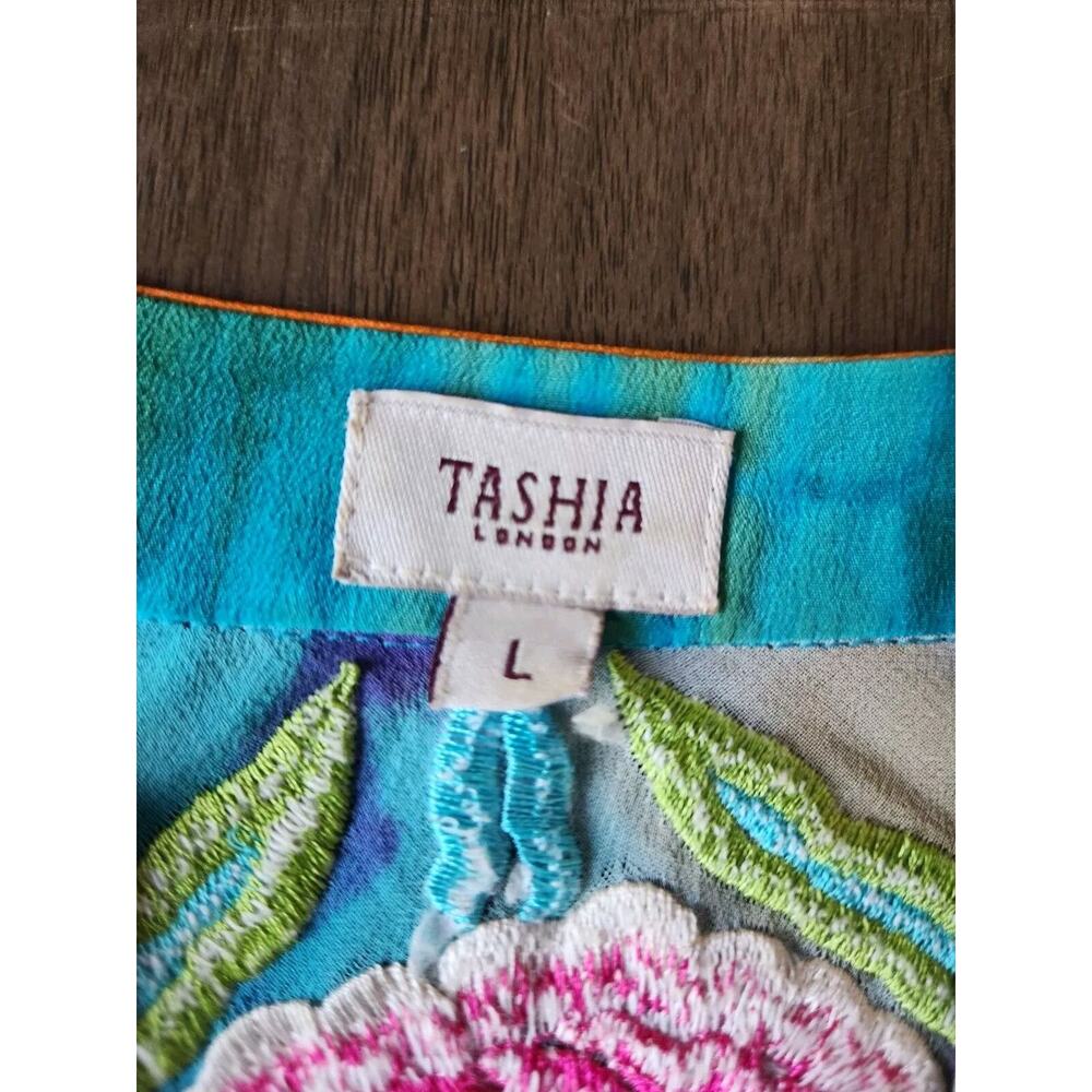 Tashia London Women's Silk Sheer V-neck Embroidered Poncho Top Multicolor Large - Picture 6 of 10